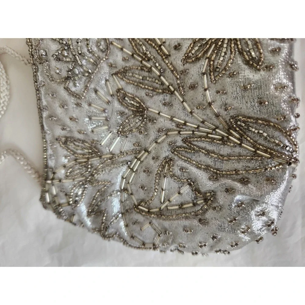 Vintage Valerie Stevens Silver Hand-Beaded Evening Bag‎ Braided Strap 8